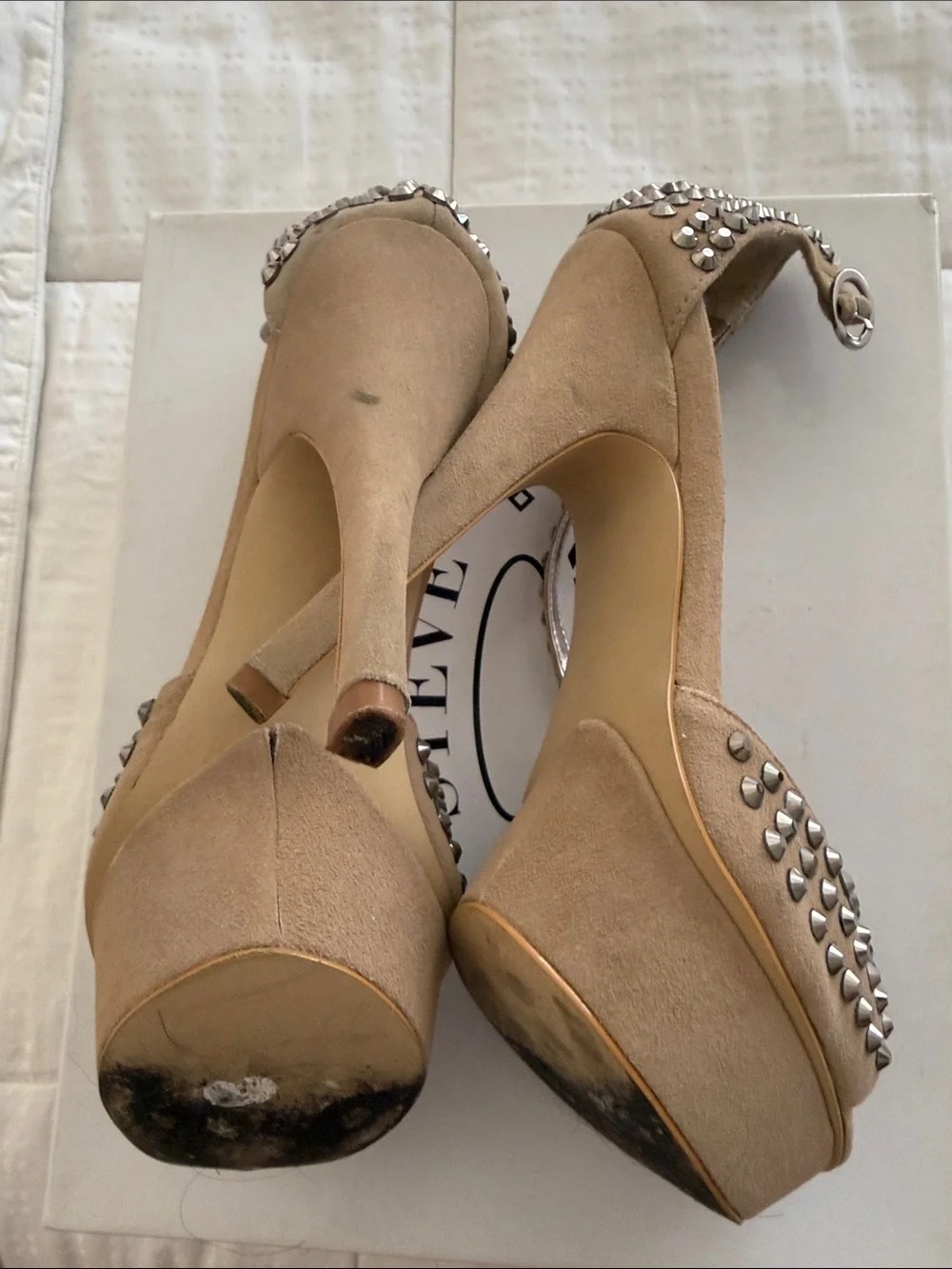 Steve Madden Tan Studded Peep-Toe Platform Heels